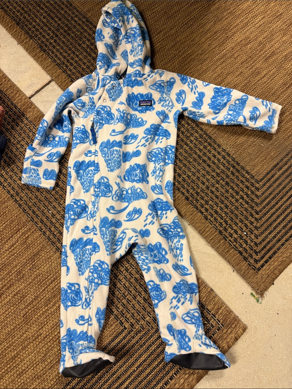 Patagonia Kids Cream Fleece One-Piece with Blue Cloud Print